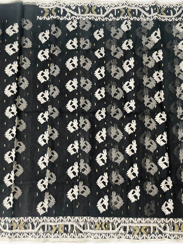 Authentic Dhakai Jamdani Muslin Saree from Bangladesh | Handwoven | Black | White and Gold Threads | Ships from California